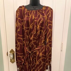 Sophisticated Chain Print Satin Long Sleeve Tunic Blouse with Matching Belt